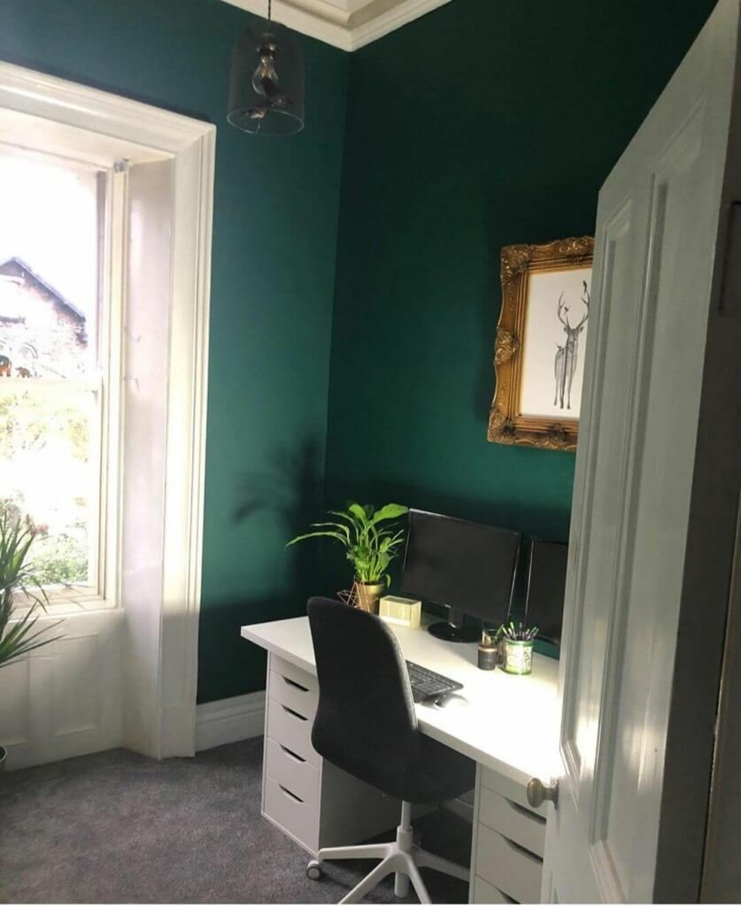 Home Office Spaces in Period Homes Love_this_old_house-on-Instagram-green-home-office - dark green walls 