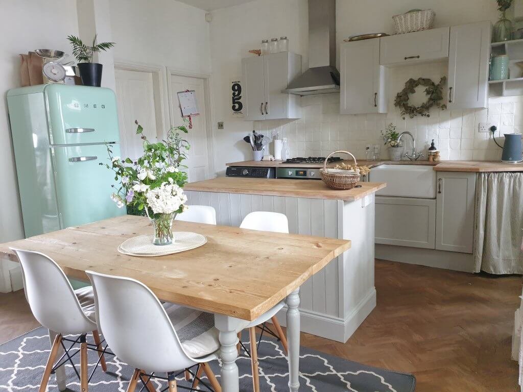 Spring Oak LVT Parquet Floor from Harvey Maria - Kitchen Floor Transformation by Life with Holly - Grey Shaker Style Kitchen