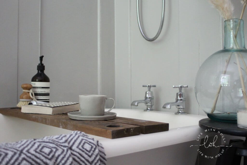 Our-Neutral-Bathroom-Makeover-by-Life-with-Holly-Modern-Victorian-Bathroom Grey Wall Panelling Star Tiles