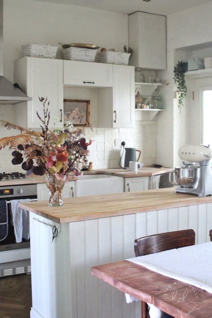 School House White Kitchen with Autumn Flowers - Autumnal Foraging Tips by Life with Holly