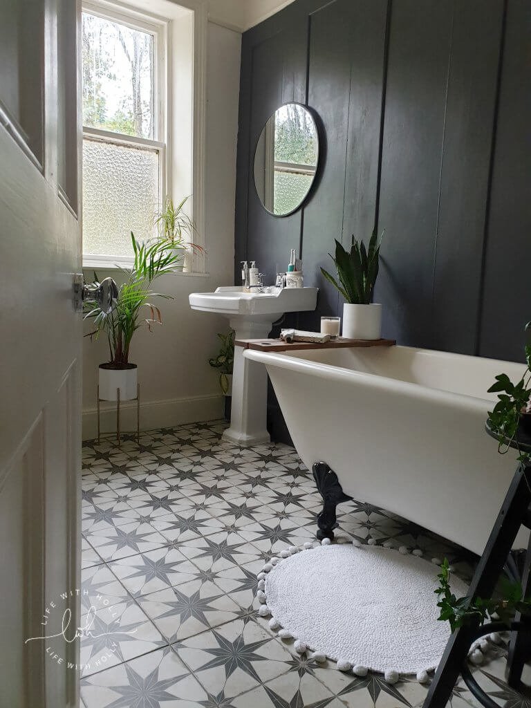 Modern Victorian Bathroom with Dark Wood Wall Panelling by Life with Holly