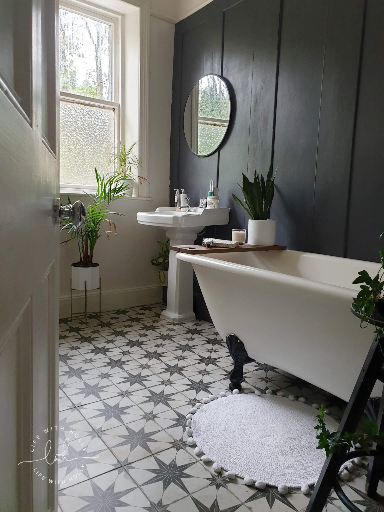 Modern Victorian Bathroom with Dark Wood Wall Panelling by Life with Holly