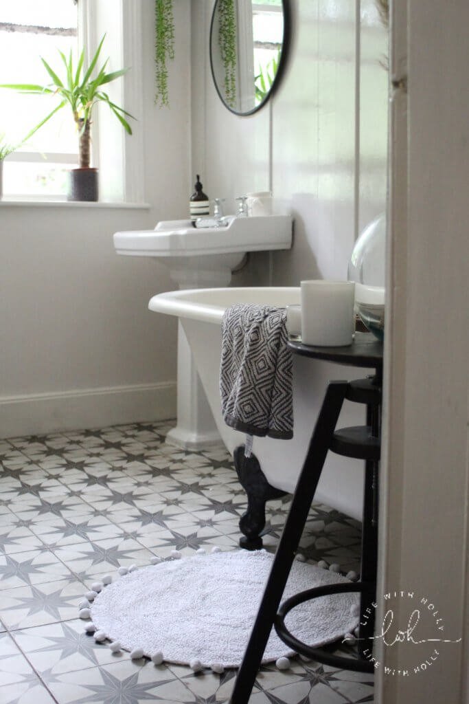 Our-Neutral-Bathroom-Makeover-by-Life-with-Holly-Modern-Victorian-Bathroom Grey Wall Panelling Star Tiles
