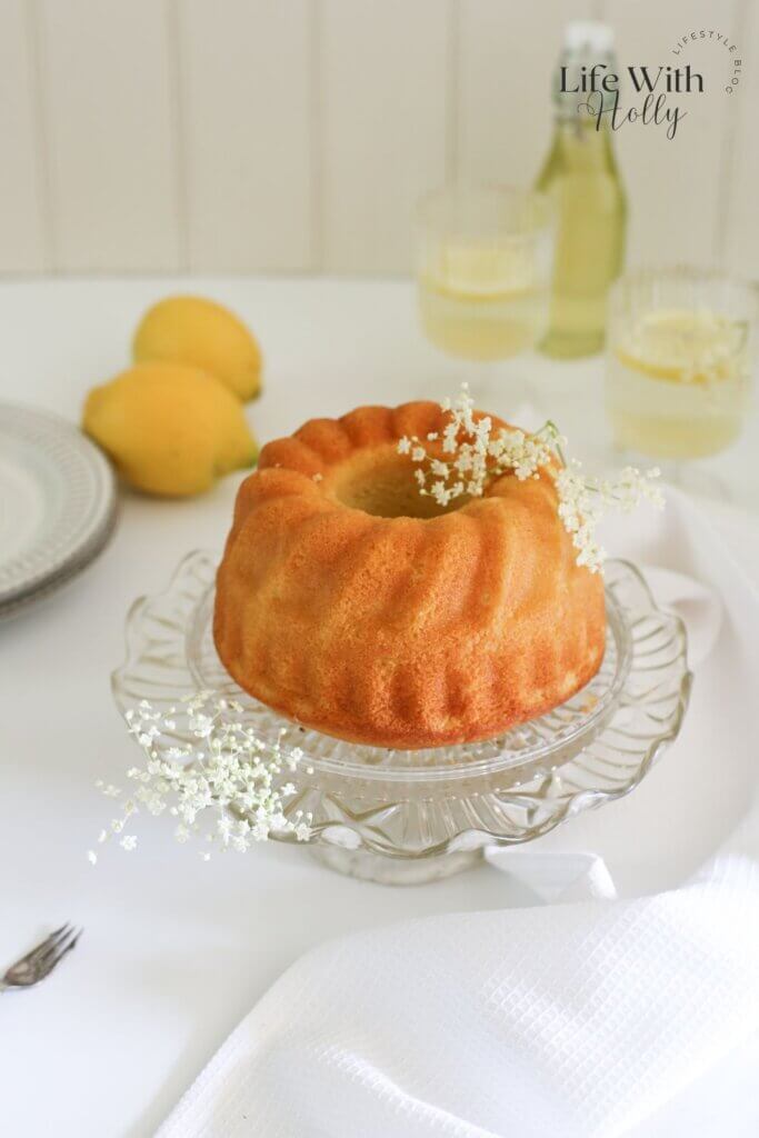Lemon elderflower cake baked in a bundt cake tin