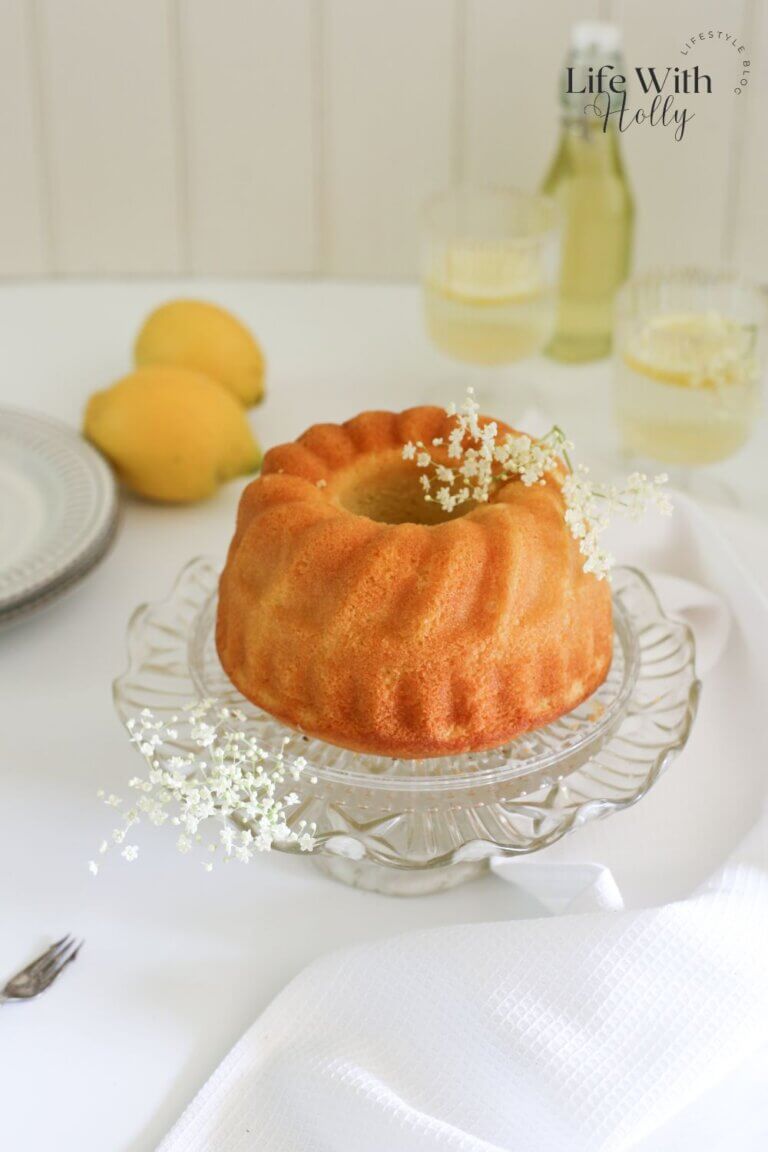 Lemon elderflower cake baked in a bundt cake tin