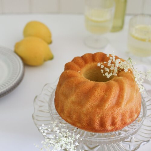 Lemon elderflower cake baked in a bundt cake tin