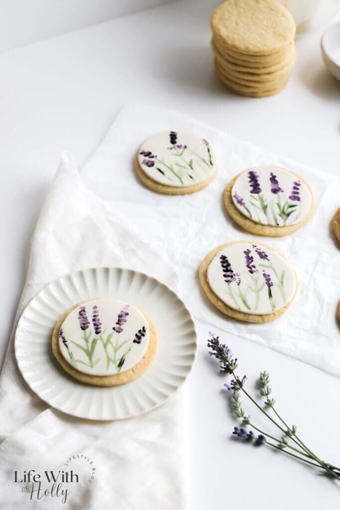 Vanilla sugar cookies recipe painted with watercolour lavenders