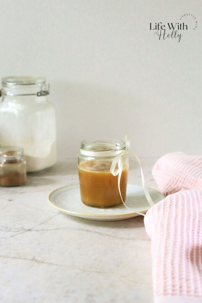 A jar of homemade caramel sauce