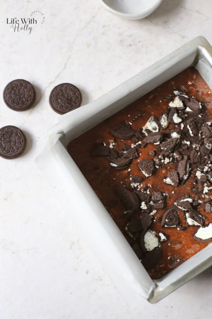 Oreo Brownie mix in a cake tin