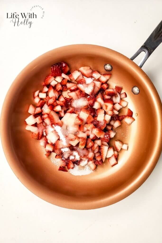 Diced strawberries in a pan
