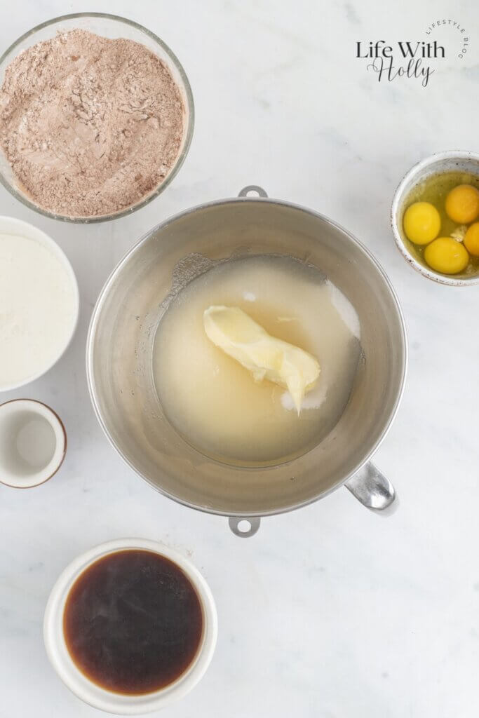 Process shot for Chocolate peppermint layer cake