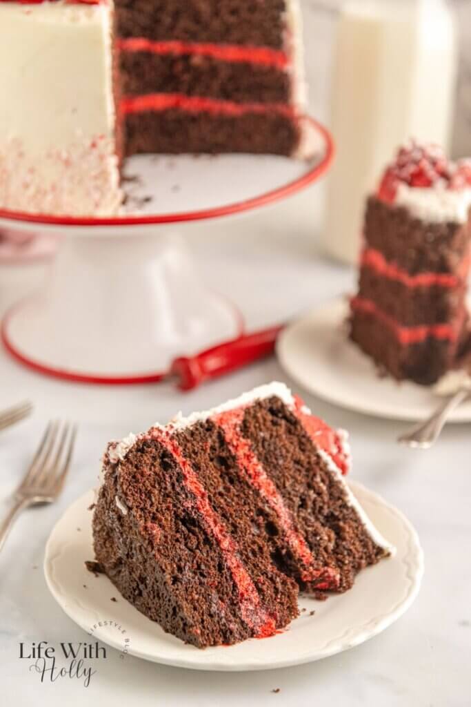 Chocolate peppermint layer cake slice on a plate